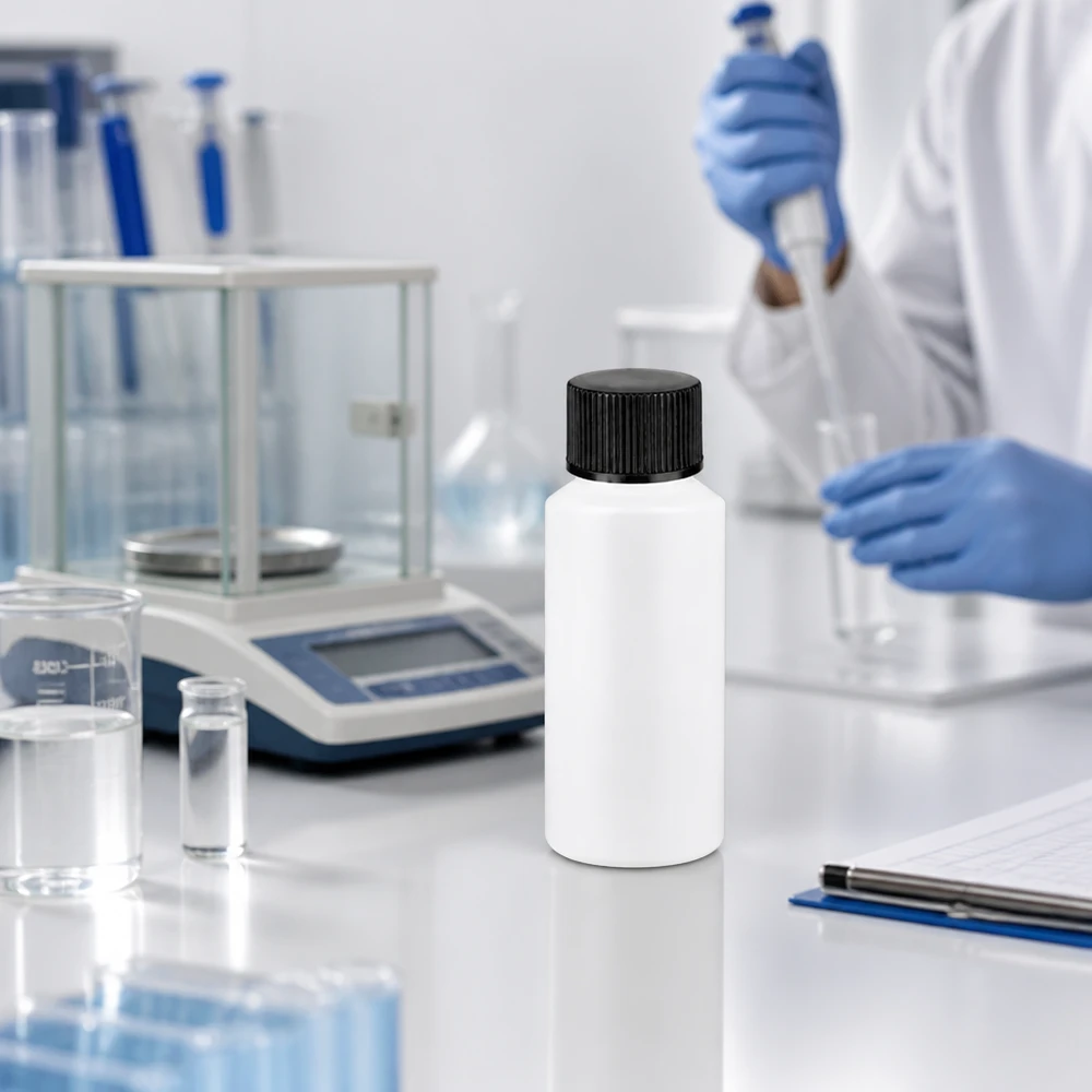 Apoteksflaska HDPE 30ml vit, med svart skruvlock Liten vit plastflaska på 30 ml med ett räfflat svart skruvlock på ett laboratoriebord