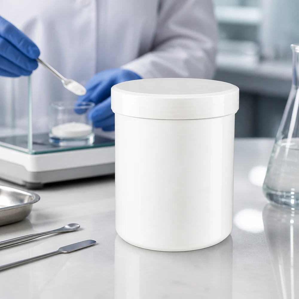 Salvburk 500g vit med vitt skruvlock (polypropylen) En 500 g PP-salvburk i vitt med matchande skruvlock bredvid en Erlenmeyerkolv i laboratoriet