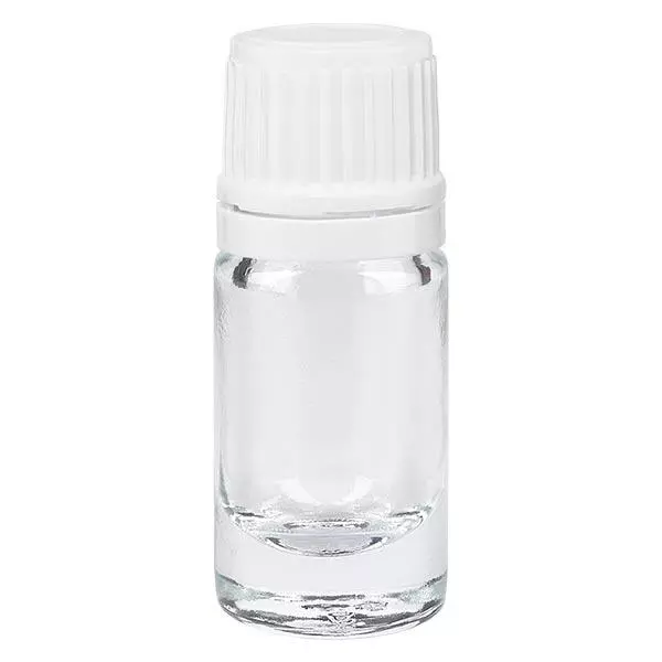 Apoteksflaska klar 5ml skruvkork vit förslutning med manipuleringssäkring Apoteksflaska klar 5ml skruvkork vit förslutning med manipuleringssäkring