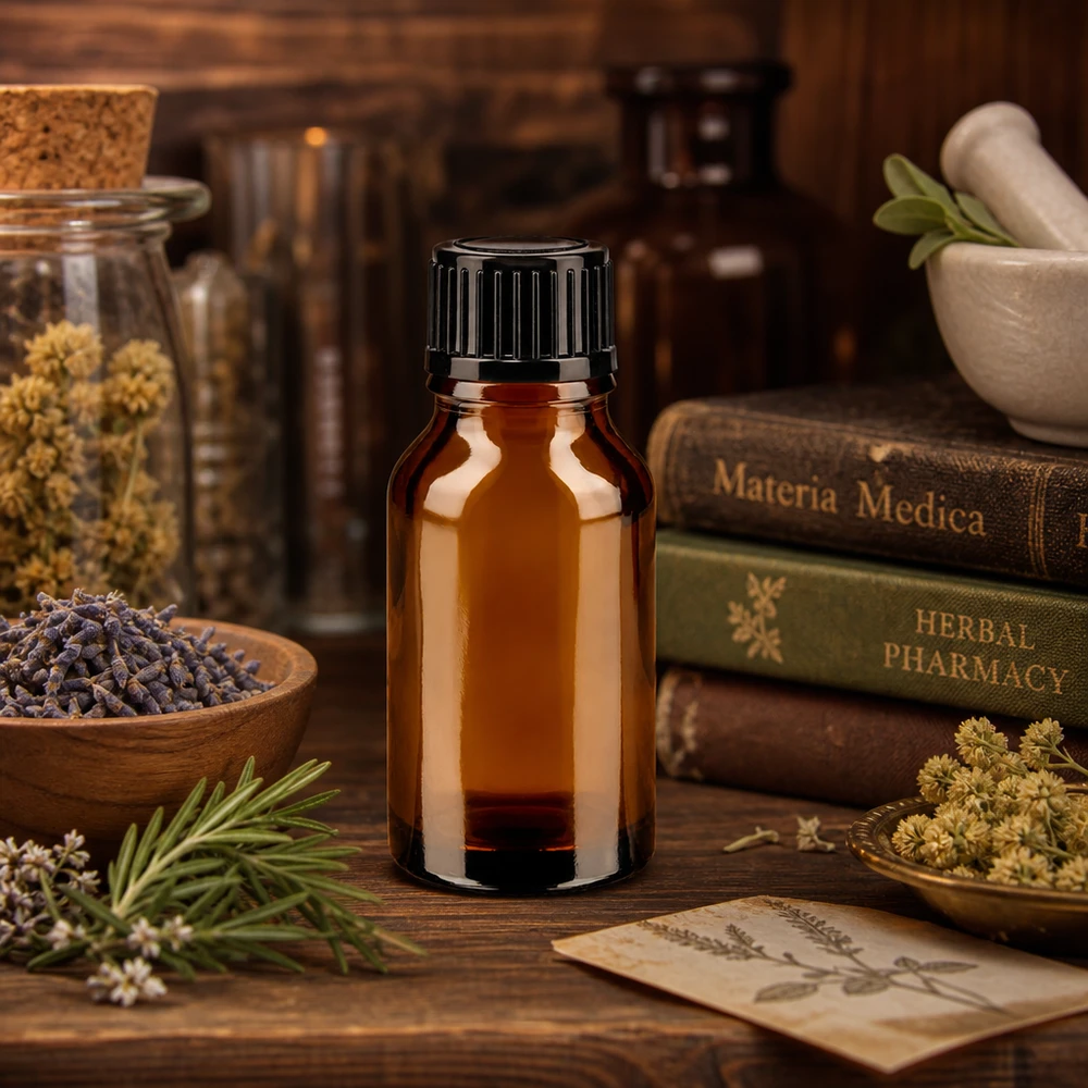 Apoteksflaska, 15 ml, brunt glas, svart skruvlock, mellan örtböcker och Materia Medica