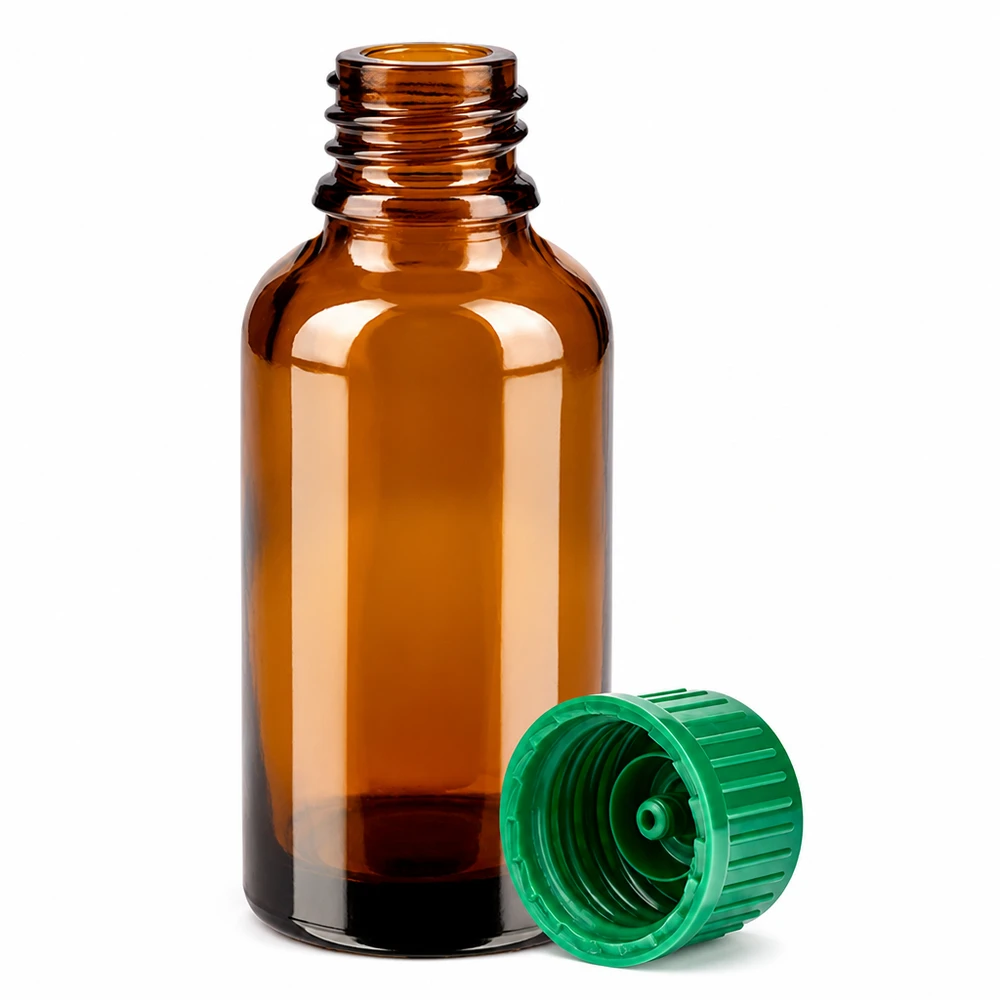 30ml apoteksflaska av bärnstensfärgat glas med 11mm gänga och grönt lock STD
