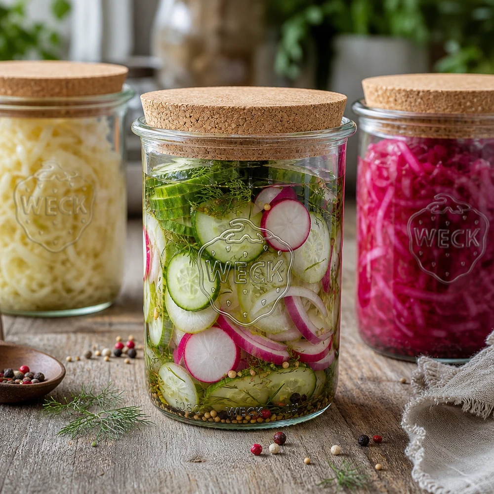 1000ml Krossade glasögon WECK RR100 med naturkork WECK 1000ml RR100 konserveringsburk med korklock Set med förvaringsburkar för inlagd gurka, surkål och rädisor