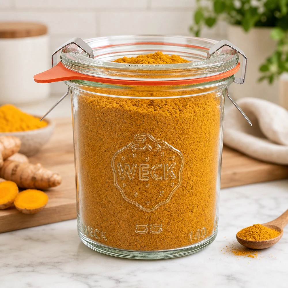 140ml Krossade glasögon komplett WECK RR60 WECK Sturzglas 140ml RR60 mit Kurkuma-Pulver gefüllt in moderner Küche zeigt Vielseitigkeit für Gewürzaufbewahrung