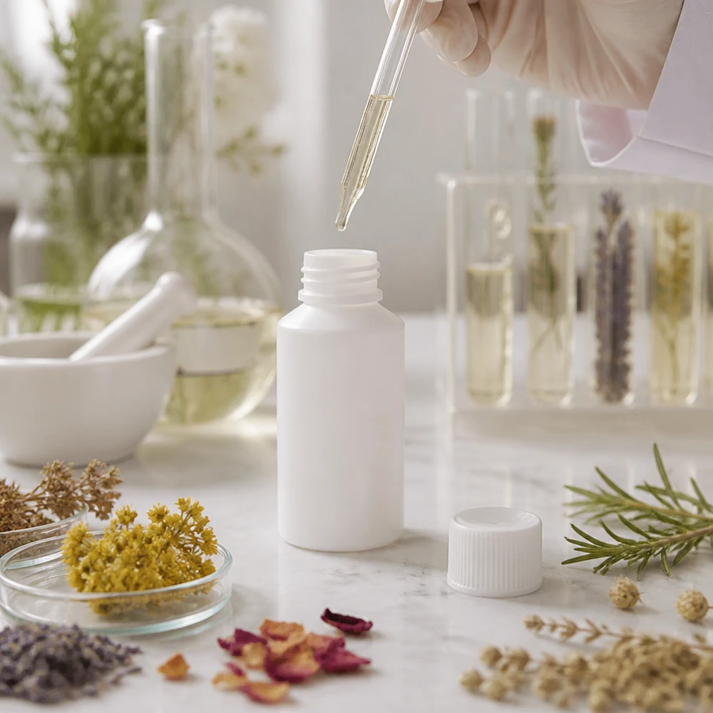 Apoteksflaska HDPE 50ml vit, med vitt skruvlock Vit HDPE-flaska på 50 ml med SV bland torkade örter som lavendel och rosenblommor