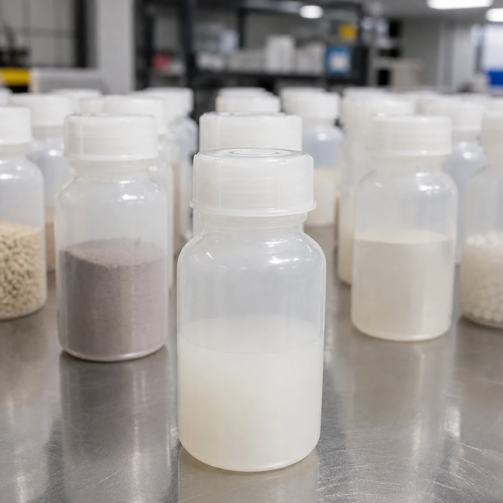 100ml laboratorieflaska med bred hals och skruvkork 100 ml laboratorieflaskor med vid hals och skruvlock, fyllda med pulverprover i olika färger