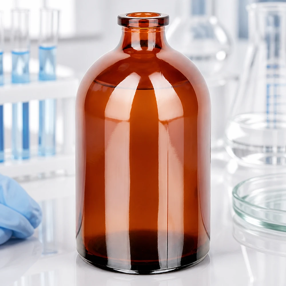 Injektionsflaska av bärnstensfärgat glas 100ml Injektionsflasche 100ml aus braunem Glas zur Lagerung photosensitiver pharmazeutischer Wirkstoffe
