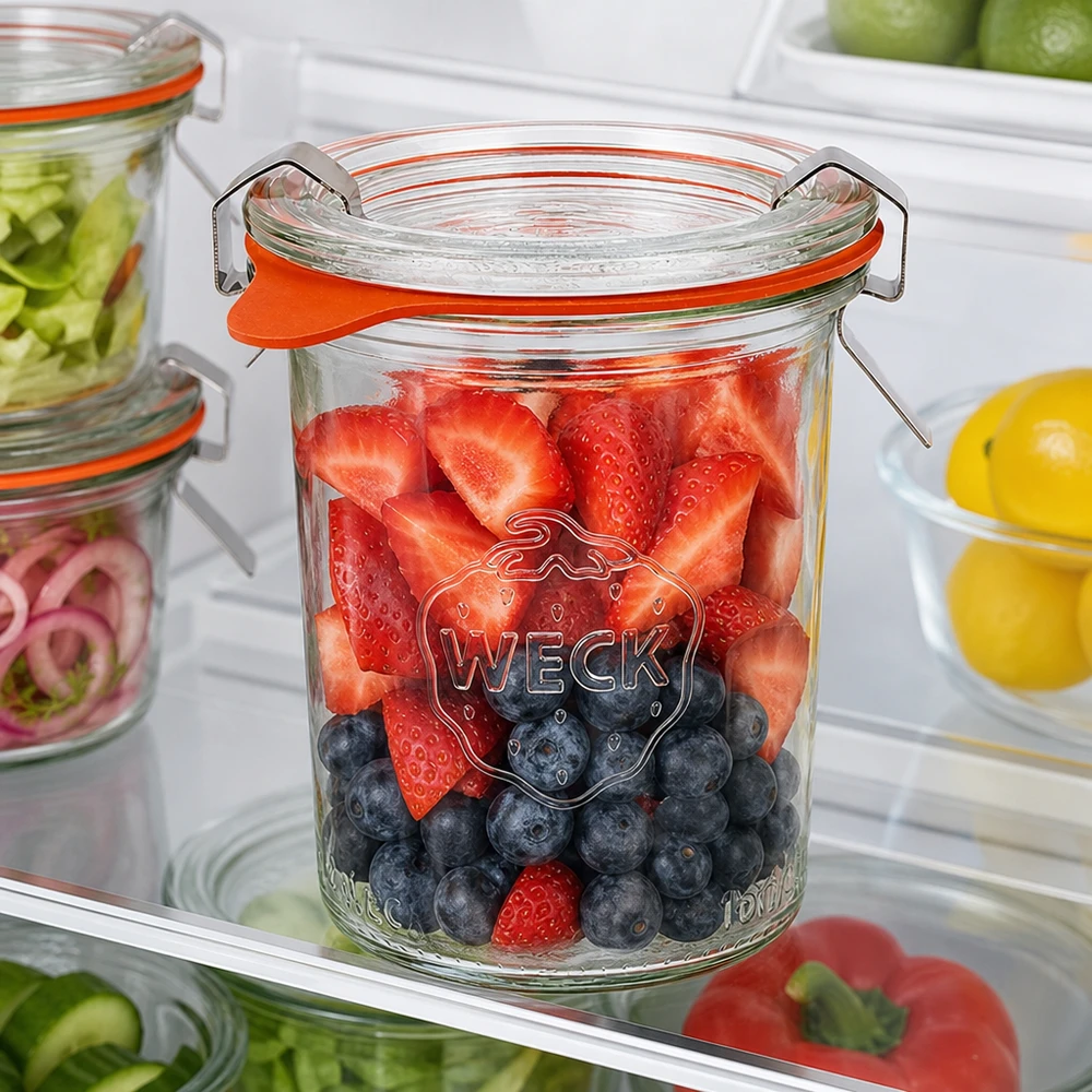 WECK 160 ml RR60-glas fyllda med färska bär i kylen för optimal färskhet och förvaring