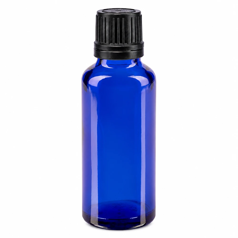 Apoteksflaska blå 30ml dropplock med hällring 1mm svart stämpelförslutning 30 ml blå glasflaska med svart droppinsats och OV-lock av apoteksglas