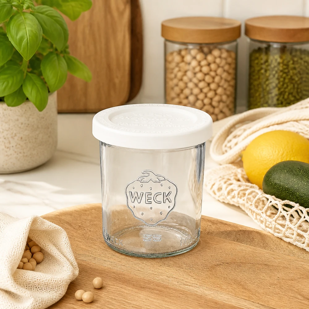 WECK 140 ml-glas RR60 tomma med fräscht lock i moderna kök bredvid förvaringsburkar och färsk frukt