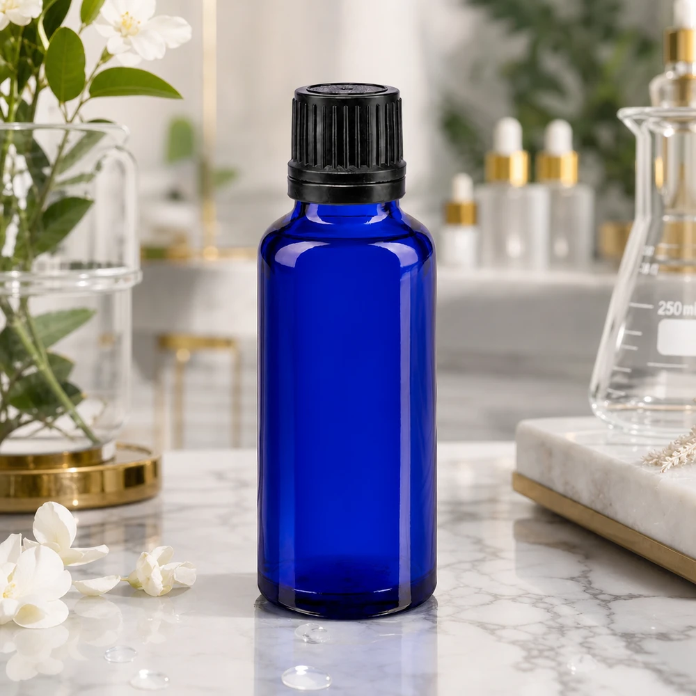 Apoteksflaska blå 30ml dropplock med hällring 1mm svart stämpelförslutning Droppflaska av apoteksglas, 30 ml, i blått med svart skruvlock på marmorunderlag