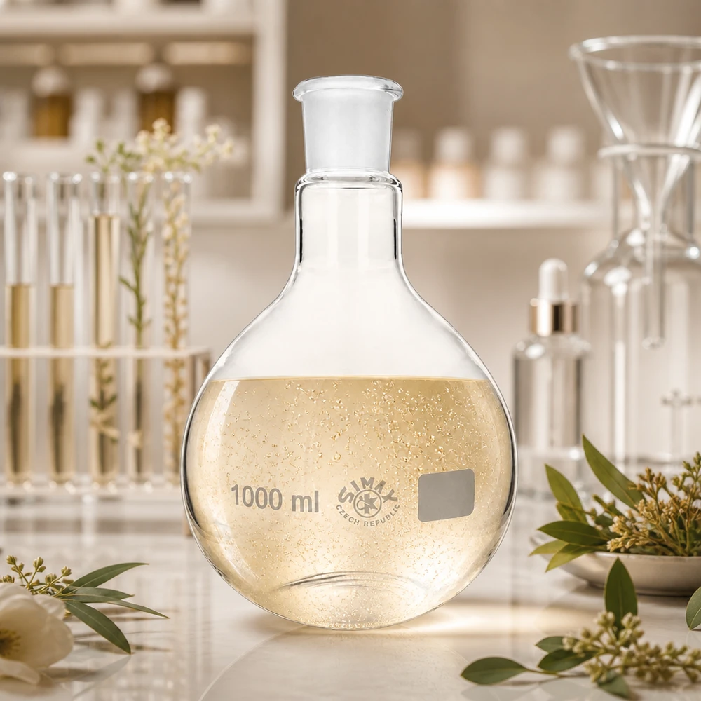 Höftkolv 1000ml med standardslipad fog (29/32) Exakt 1000 ml vertikal kolv med guldfärgad lösning och standardjord 29/32 för professionella laboratorier