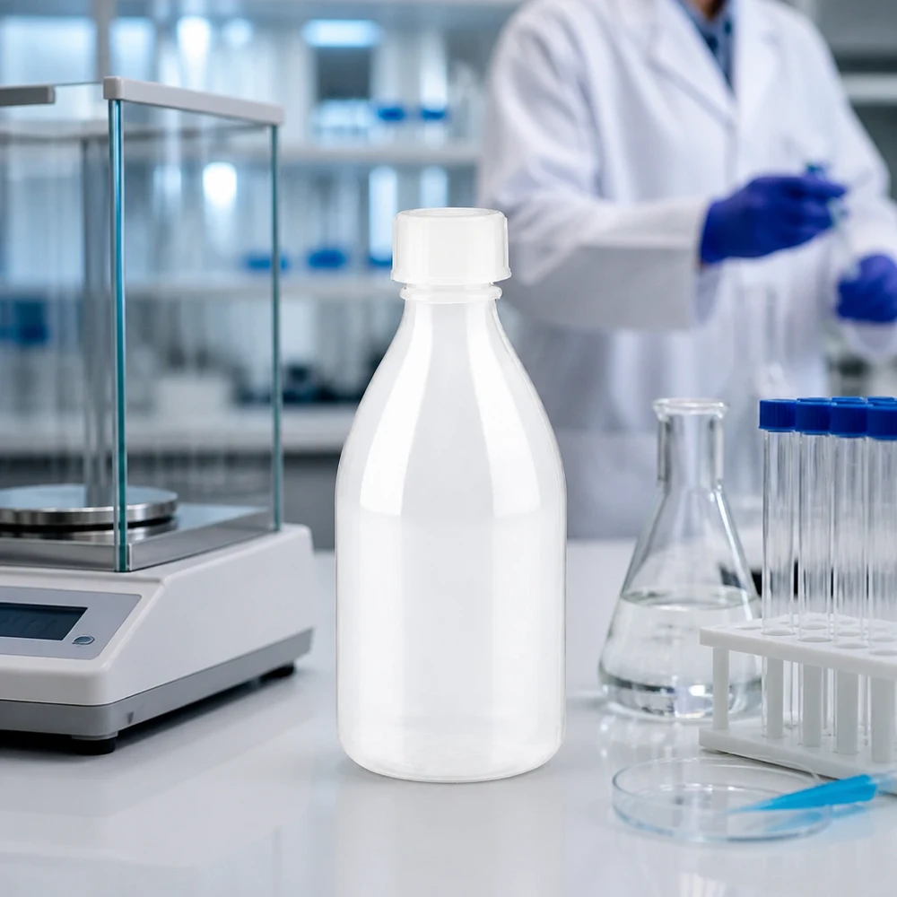 100ml laboratorieflaska med smal hals och skruvkork Vit 100 ml skruvflaska med smal hals av HDPE på en vit laboratoriebänkskiva bredvid en analysvåg