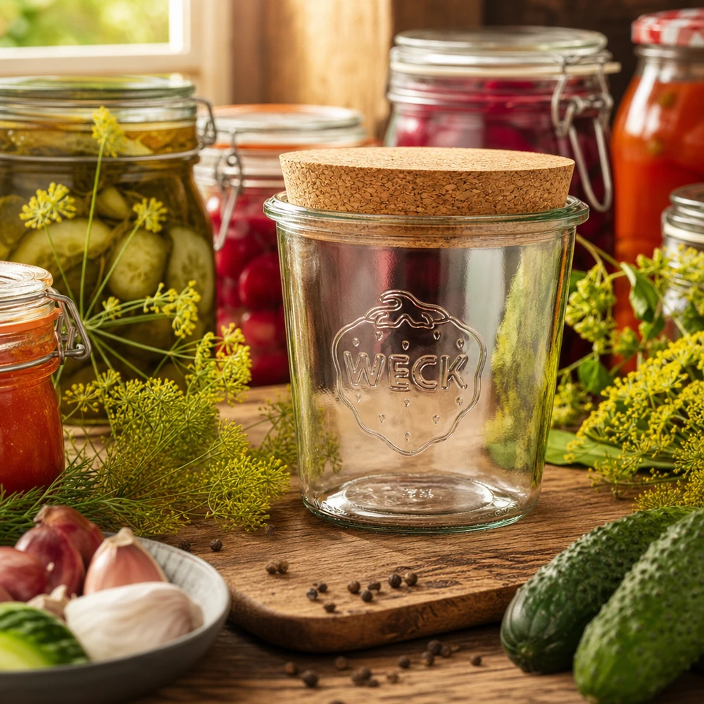 580ml WECK RR100 Krossade glasögon med naturkork WECK konserveringsburk 580ml RR100 korklock i rustikt kök dekorerat med kryddor pickles och konserveringstillbehör