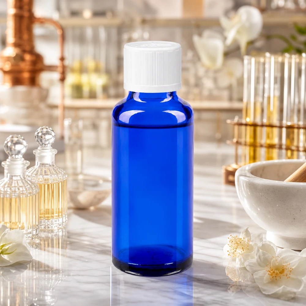 Apoteksflaska blå 30ml droppflaska vit barnskyddande standard Blå 30 ml laboratorieflaska med vitt barnsäkert lock i parfymlaboratoriet med destillationskolv