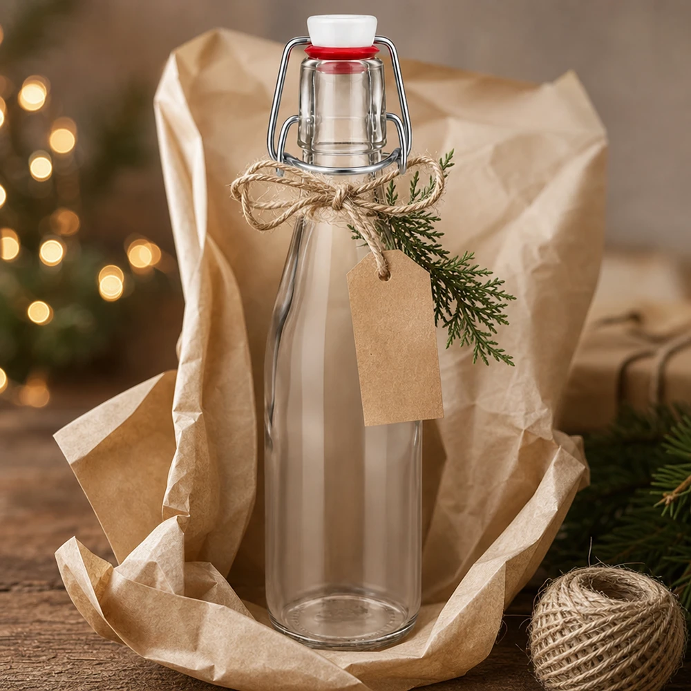 250ml glasflaska + svängbar topp porslin UNiTWIST 250ml Glasflasche mit Bügelverschluss als Geschenk verpackt mit Juteschnur, Kraftpapier-Anhänger und Tannenzweig