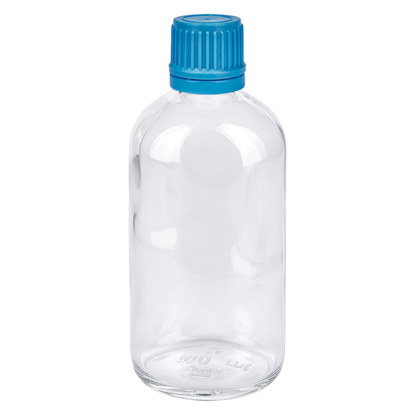 100ml flaska 11mm skruvkork blå med sabotageskydd ClearLine UT18/100 100 ml ClearLine-glasflaska med blå skruvkork (11 mm) och säkerhetsförslutning