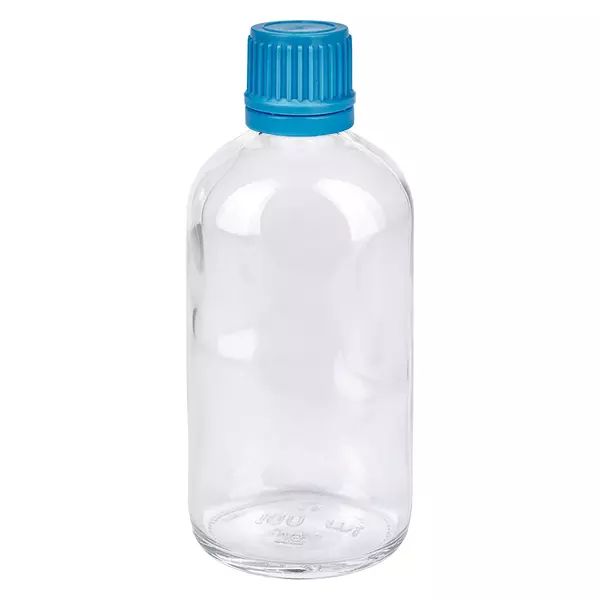 100ml flaska 11mm skruvkork blå med sabotageskydd ClearLine UT18/100 100 ml ClearLine-glasflaska med blå skruvkork (11 mm) och säkerhetsförslutning