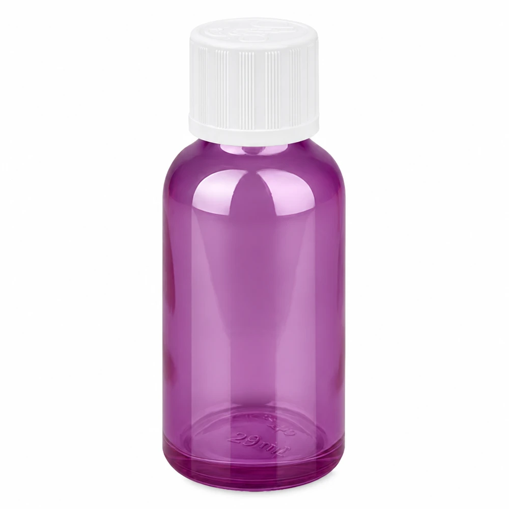 30 ml droppflaska i lila transparent med vitt skruvlock och exakt 1,2 mm droppöppning