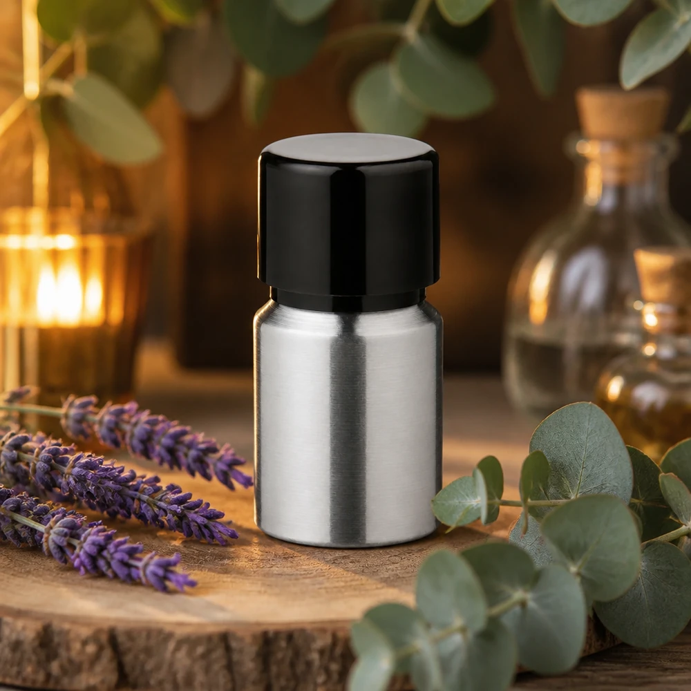 10 ml flaska i polerad aluminium med skruvkork Polerad 10 ml aluminiumflaska i silver med svart lock, idealisk för aromaterapi och parfymoljor
