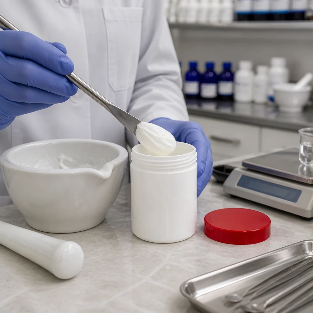Salvburk 75g vit med rött skruvlock (polypropylen) Apotekaren fyller salvan med en spatel i en vit 75 g-burk med rött PP-skruvlock