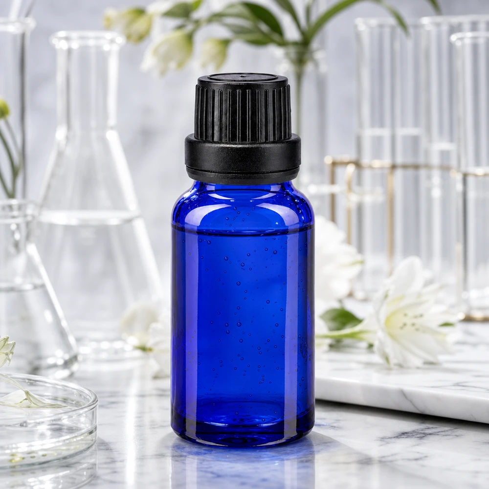 Apoteksflaska blå 10ml dropplock hällring 2mm svart manipuleringssäkert lock Farmaceutisk 10 ml-flaska i koboltblått med barnsäker OV-förslutning och precis 2 mm-droppinsats
