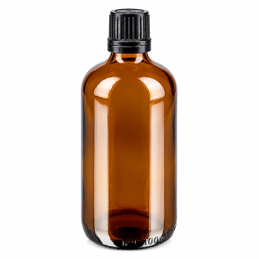Apoteksflaska brun 100ml skruvlock svart hällring tamper evident stängning 100 ml brun glasflaska med svart OV-lock (8 mm) av apoteksglas för eteriska oljor