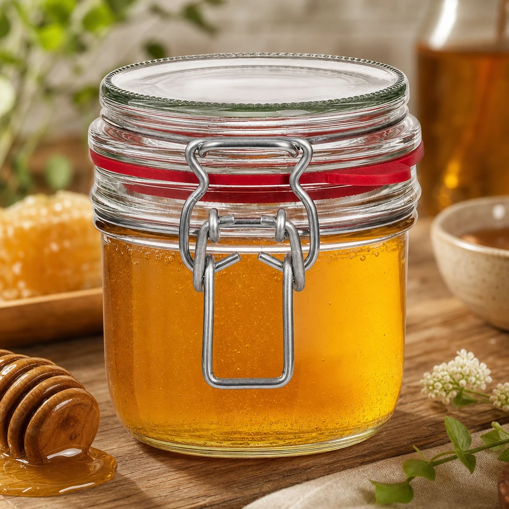 255 ml förvaringsburk av typ G med klämförslutning UN.. 255ml Einmachglas mit Bügelverschluss gefüllt mit goldenem Honig neben Honiglöffel auf natürlichem Holztisch