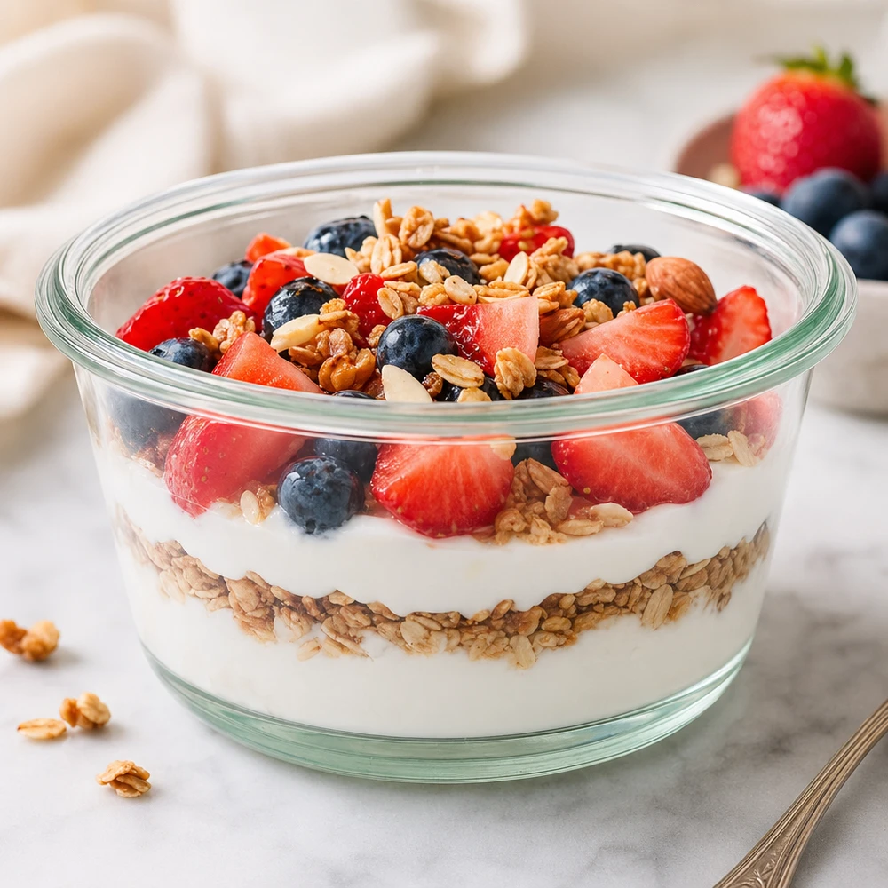 290 ml gourmetburk WECK RR100 WECK RR100 290 ml gourmetburk med yoghurt granola parfait bär och nötter serveras som en hälsosam frukostskål