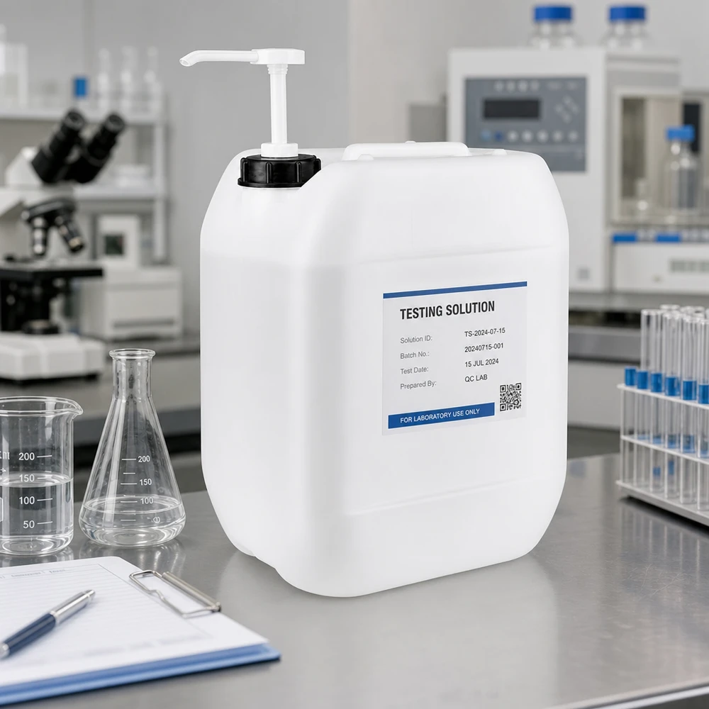 Dunk 10 liter med doseringspump Vit 10-litersdunk med pump på ett bord av rostfritt stål bredvid en Erlenmeyerkolv i laboratoriet