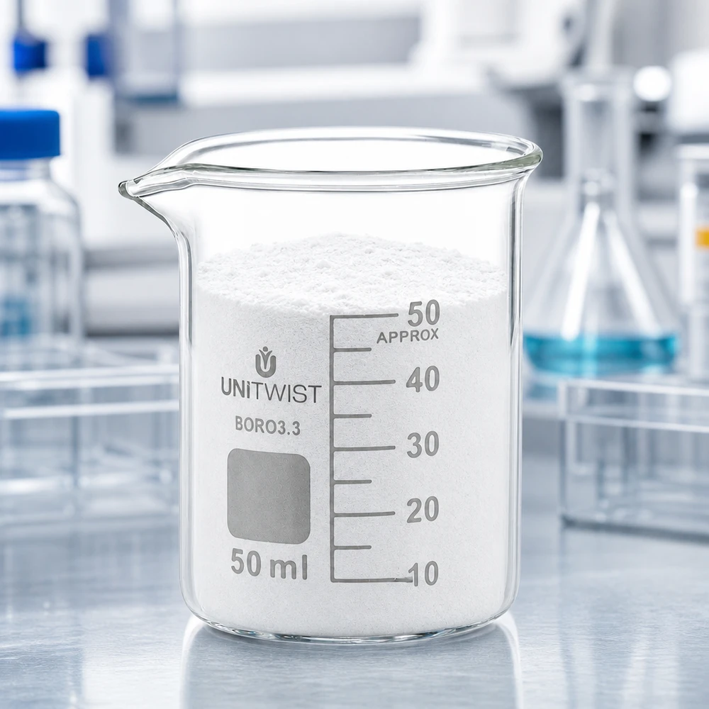 Bägare 50ml borosilikat, lågformad UNiTWIST Becherglas 50 ml, fyllt till kanten med vitt pulver, UNiTWIST, låg form, laboratorieutförande