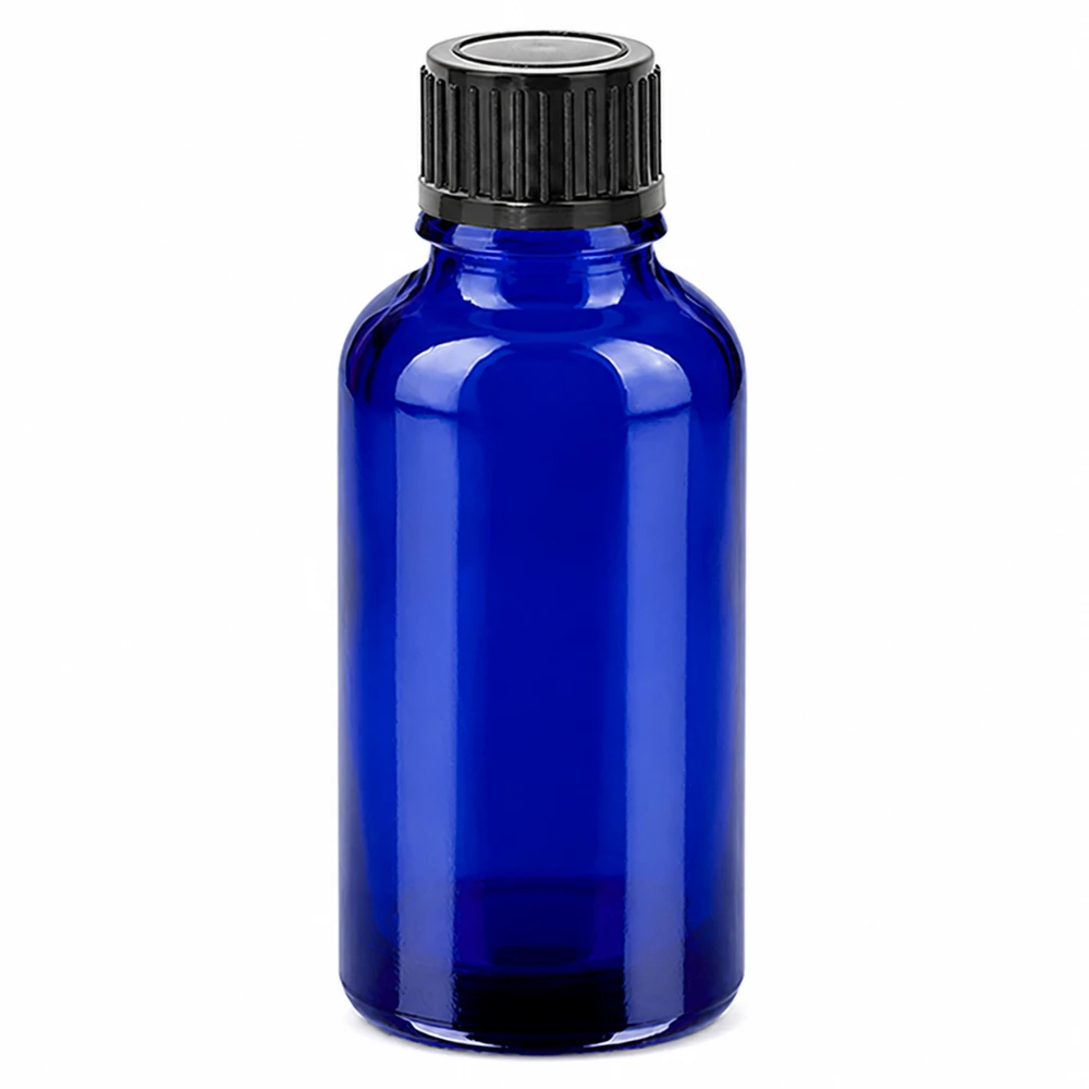 30 ml blå glasflaska med svart skruvlock för eteriska oljor och kosmetika