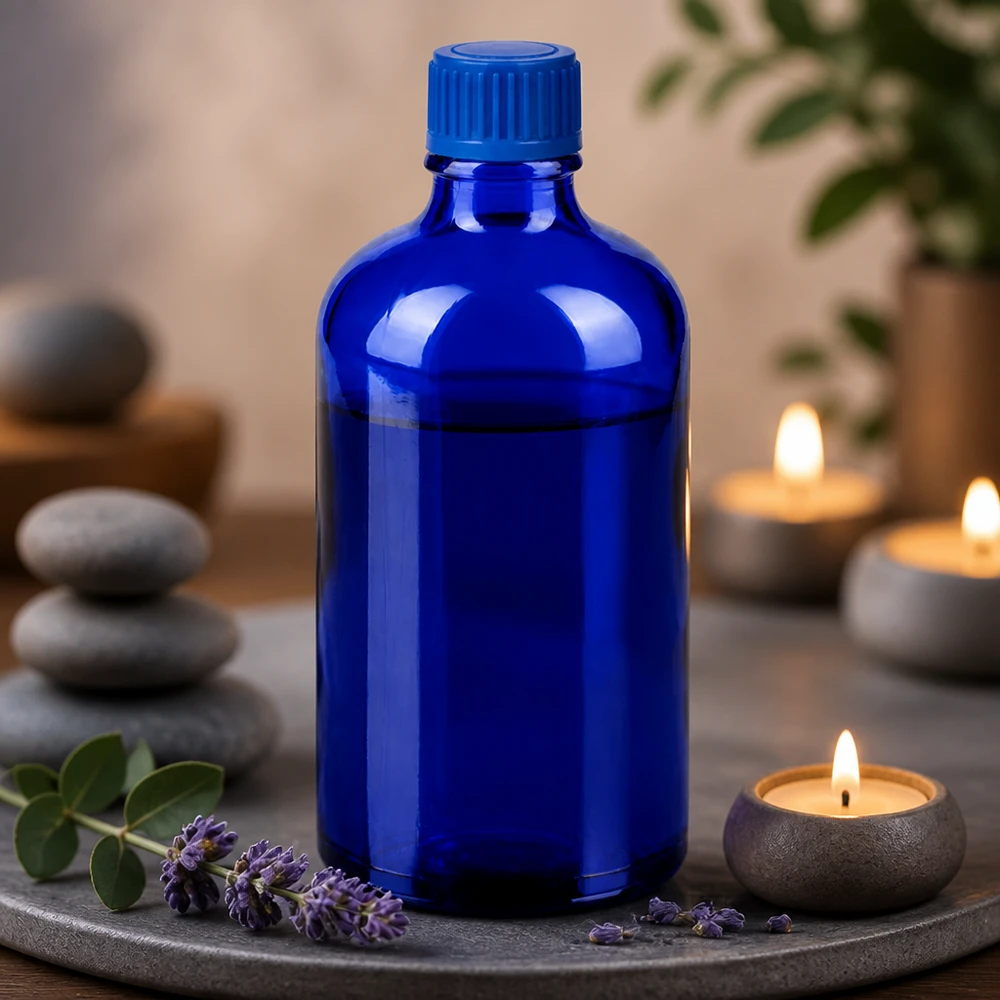 Elegant koboltblå glasflaska 100 ml med praktiskt 11 mm lock för naturkosmetika