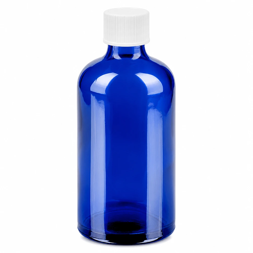 Blå glasflaska 100ml med vitt skruvlock 11mm för eteriska oljor och kosmetika