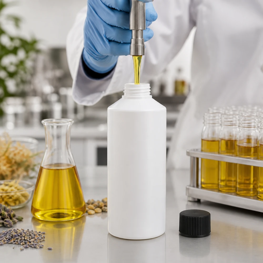 En vit plastflaska på 100 ml fylls med gul olja bredvid en Erlenmeyerkolv i laboratoriet