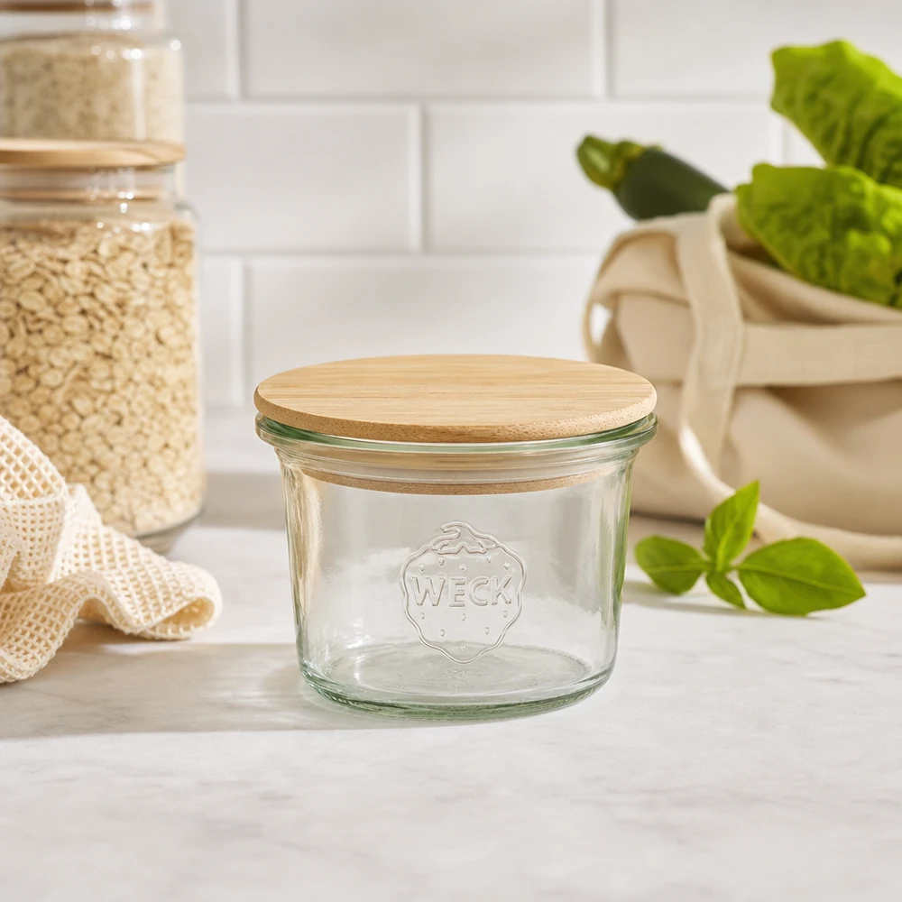 WECK mini mason jar 35ml RR40 med bambu trälock i hållbart kök med förvaringsburkar och gröna växter