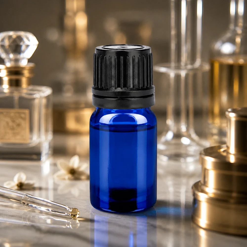 5 ml flaska 11mm skruvkork svart säkerhetslock BlueLine UT18/5 Liten 5 ml flaska i elegant blå färg med svart lock för exakt dosering