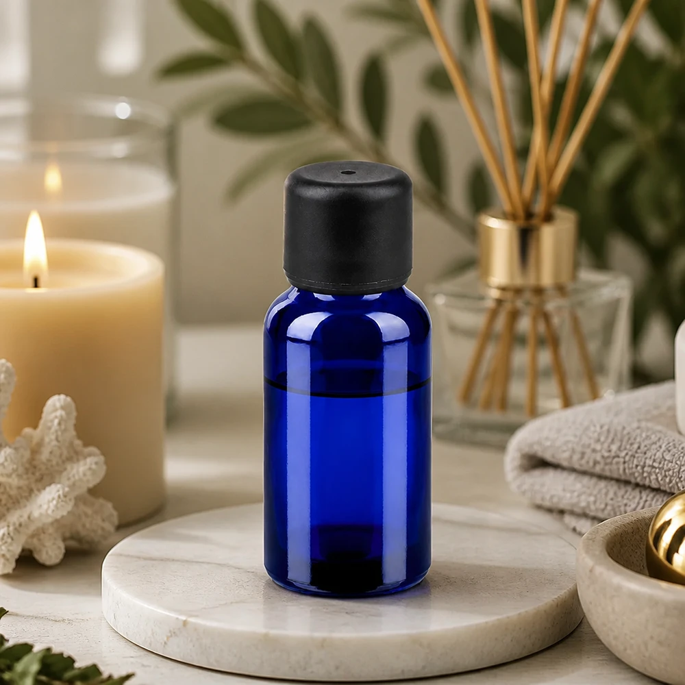 Elegant koboltblå 20 ml glasflaska med matt svart lock för aromaterapi och spa-tillämpningar