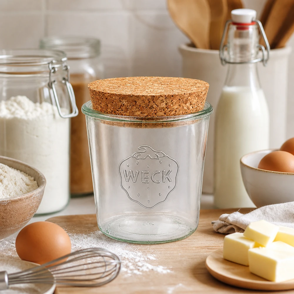 580ml WECK RR100 Krossade glasögon med naturkork WECK 580ml RR100 murarburk med naturkork i bakningskök, placerad mellan mjöl, ägg, smör och mjölk för bakning