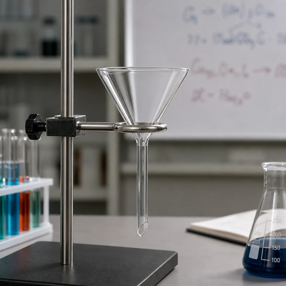 Tratt ø60mm soda lime, vinkel 60°, kort modell Transparent laboratorietratt av robust kalksodamaterial med 60 mm öppning för kemiska experiment