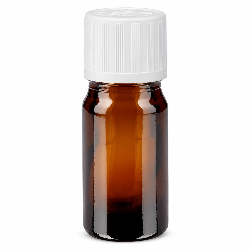 Apoteksflaska brun 5ml skruvkork vit barnsäker standard 5 ml brun apoteksflaska med vitt barnsäkert lock (11 mm) av brunt glas