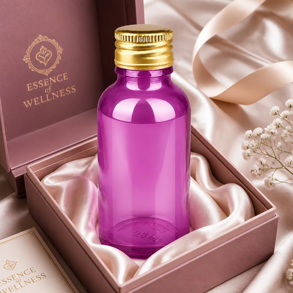 30ml flaska 11mm skruvkork aluminium guld standard PurpleLine. UT18/30 30 ml premiumglasflaska i lila med UT18-gänga och guldlock i aluminium för hälsoprodukter