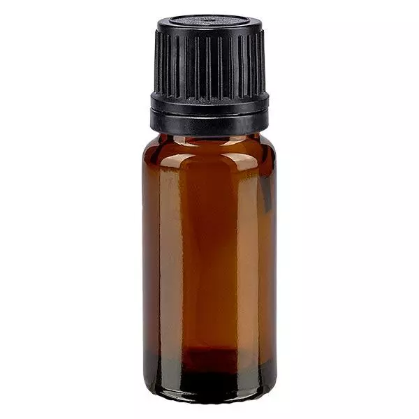 Apoteksflaska brun 10ml skruvkork svart hällring tamper evident stängning Apoteksflaska brun 10ml skruvkork svart hällring tamper evident stängning