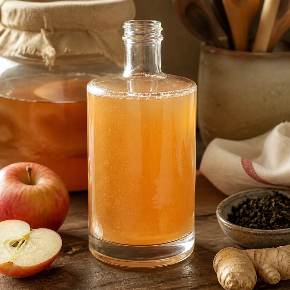 500 ml glasflaska Sam utan skruvkork UNiTWIST® 500ml Glasflasche Sam mit hausgemachtem Kombucha befüllt neben Äpfeln und Ingwer rustikale Küchen Atmosphäre