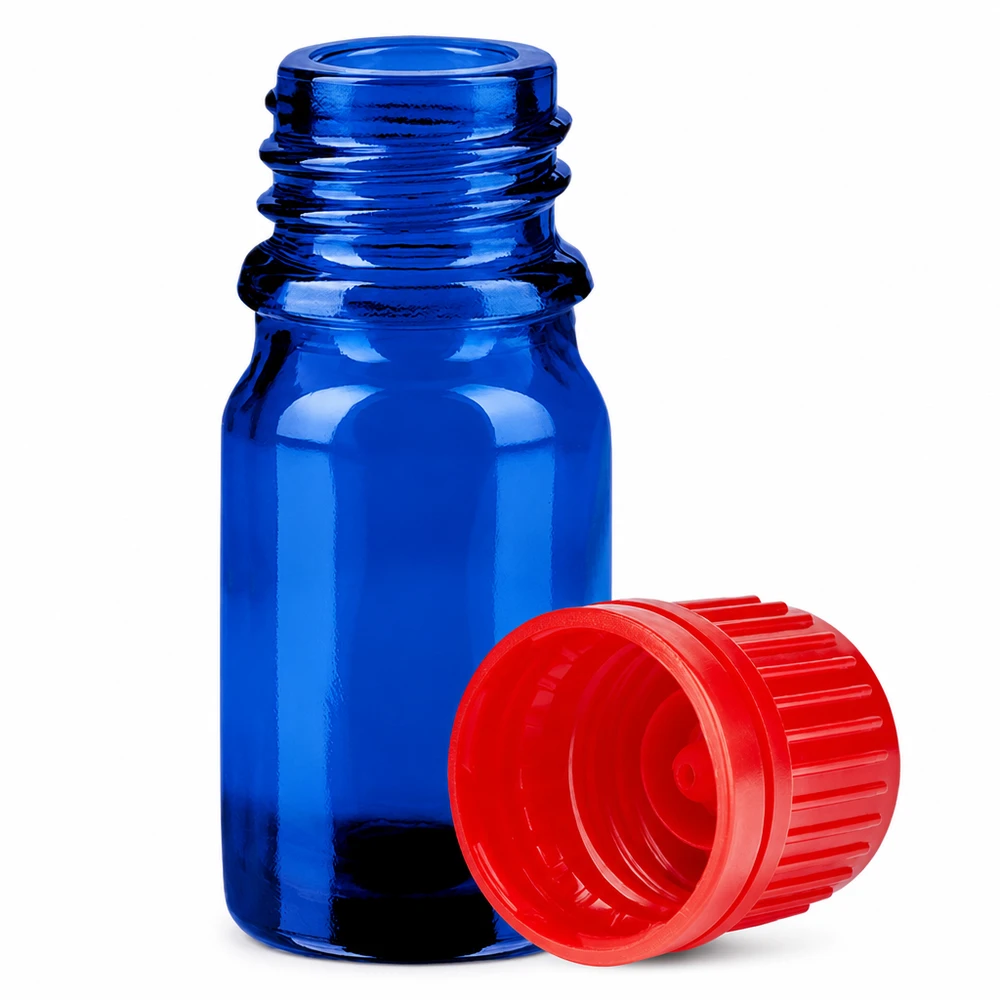 Blå glasflaska 5ml med 11mm rött lock för eteriska oljor BlueLine UT18/5