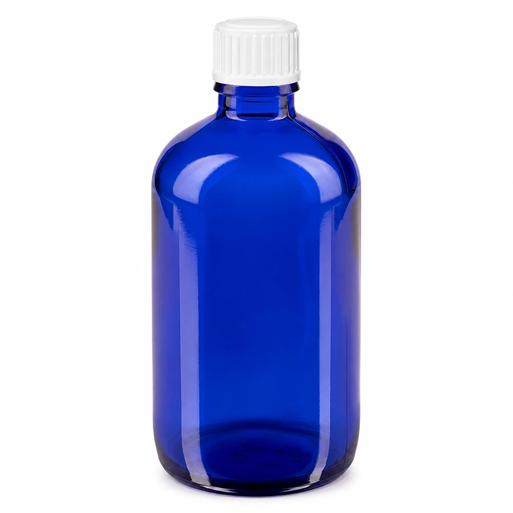 Apoteksflaska blå 100ml skruvkork vit standard 100 ml blå apotekarflaska i glas med vitt skruvlock, 11 mm standard
