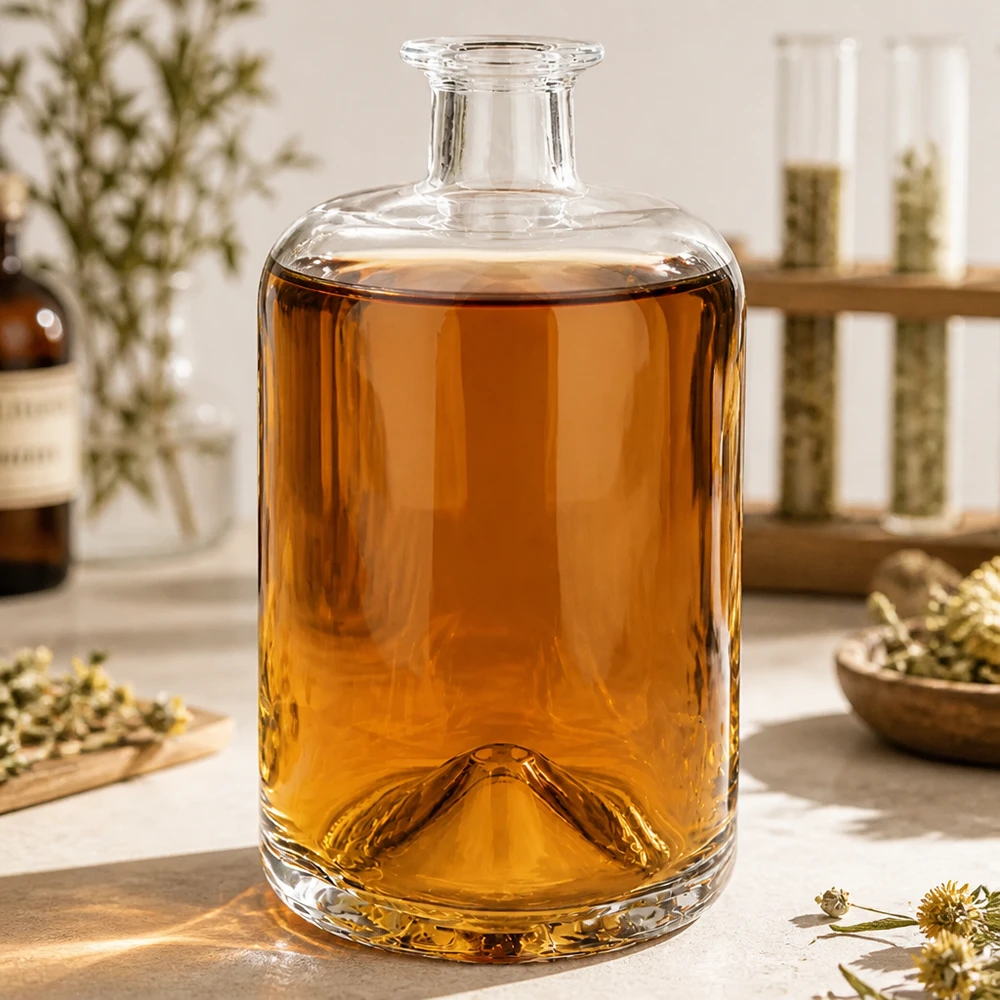 700 ml apoteksflaska Sofia utan lock UNiTWIST® 700ml Glasflasche Sofia mit bernsteinfarbener Flüssigkeit auf Marmortisch neben getrockneten Blüten atmosphärisch inszen