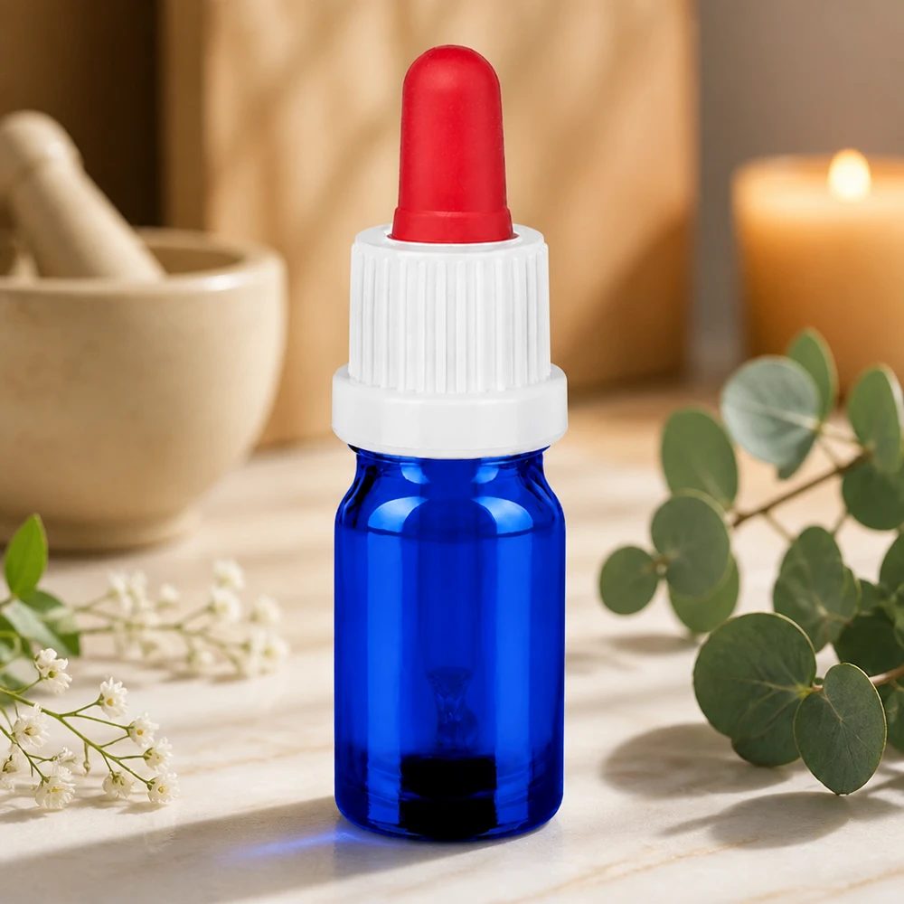 Högkvalitativ 5 ml glasflaska i blått med droppipett för exakt applicering av serum och oljor
