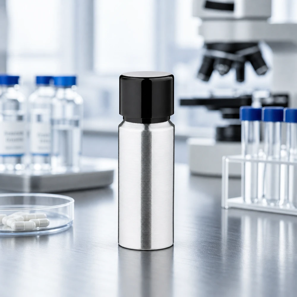 20 ml aluminiumflaska med cylindrisk form och skruvlock för exakt dosering av vätskor