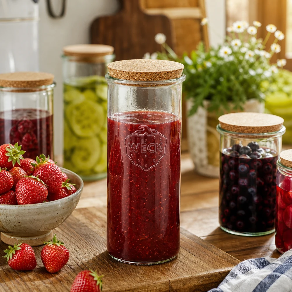 1500ml Krossade glasögon WECK RR100 med naturkork WECK förvaringsburk 1500ml fylld med jordgubbssylt Köksmiljö Naturkorklock Konserveringsburk Användning