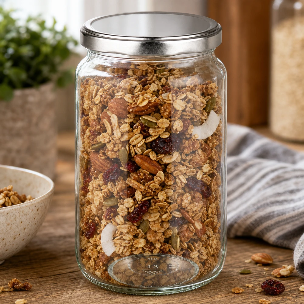 795ml rund burk med BasicSeal-lock silver UNiTWIST 795 ml rund burk fylld med müsli och nötter visar praktisk användning som matförvaringsburk
